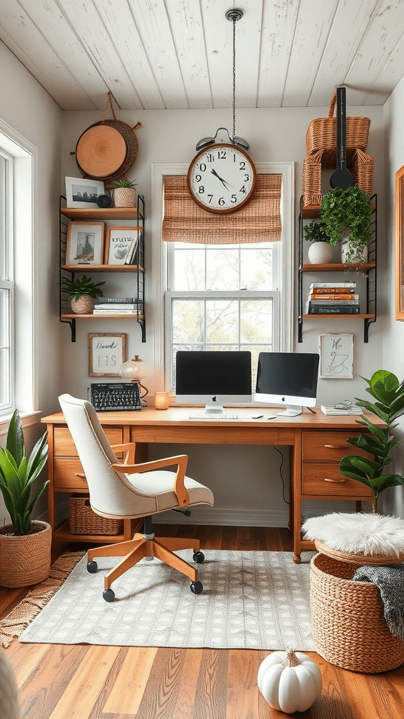 A cozy farmhouse-style home office with a wooden desk, two monitors, and decorative shelves.