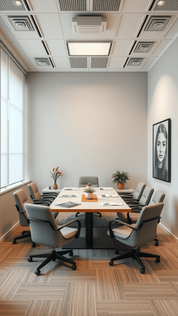 A modern conference room with a large table, comfortable chairs, and plants.