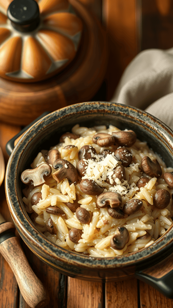 A bowl of creamy mushroom risotto topped with mushrooms, next to a wooden spoon and a decorative pot.