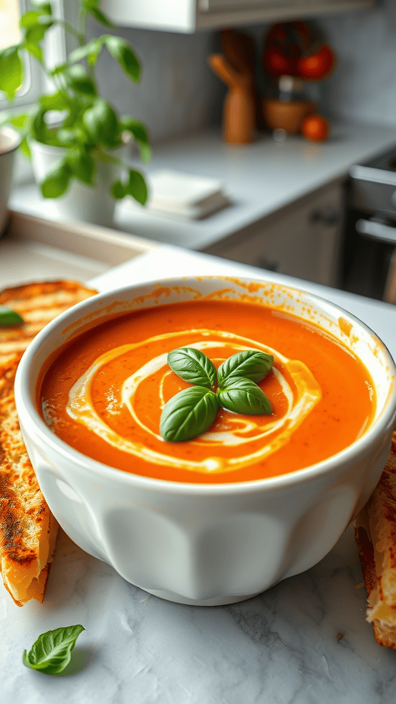 A bowl of creamy tomato basil soup topped with basil leaves, accompanied by toasted bread.