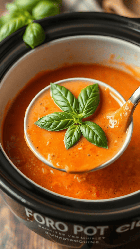 A bowl of creamy tomato basil soup with a ladle and fresh basil on top.