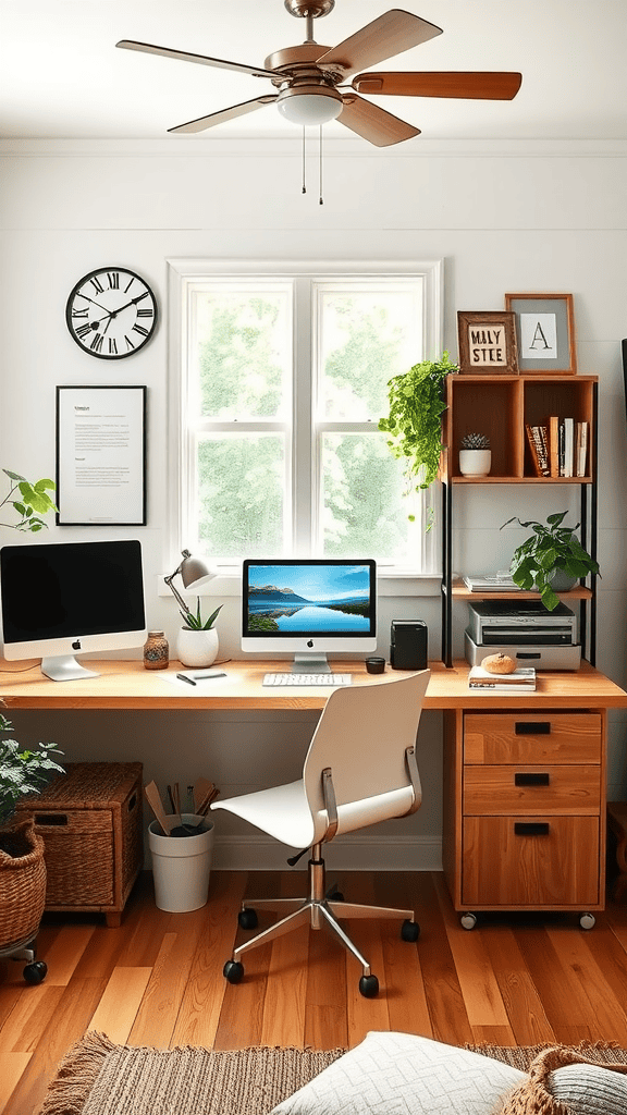 A cozy home office setup with a desk, computer, plants, and organized shelves.