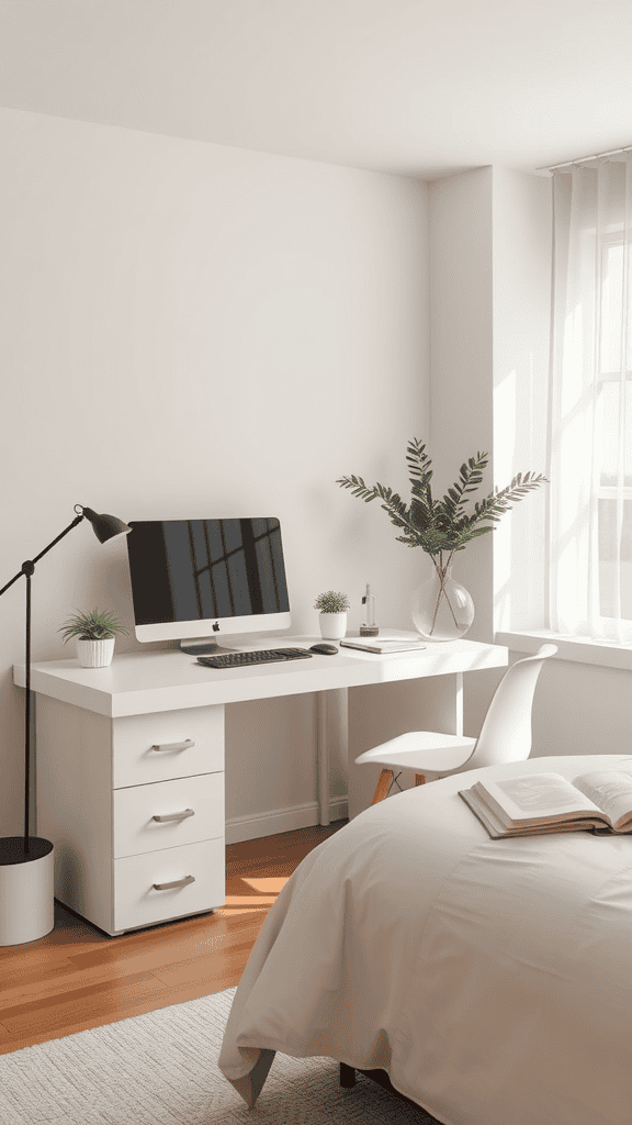 A minimalistic workspace with a desk, computer, plants, and a cozy bed.