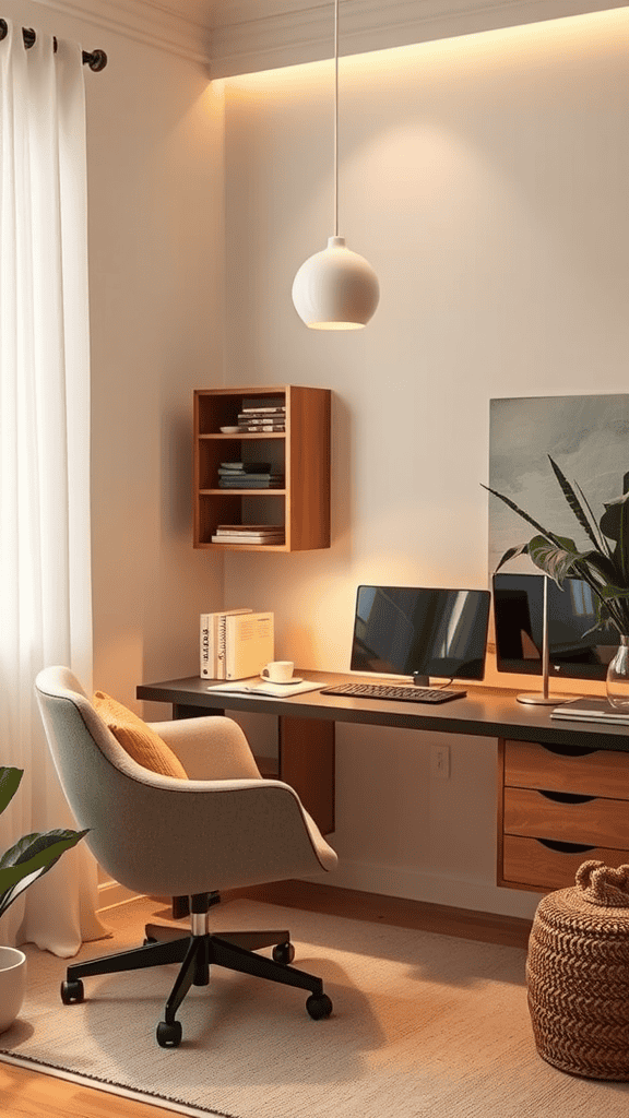 A cozy home office with a comfortable chair, desk, and plants, featuring soft lighting.