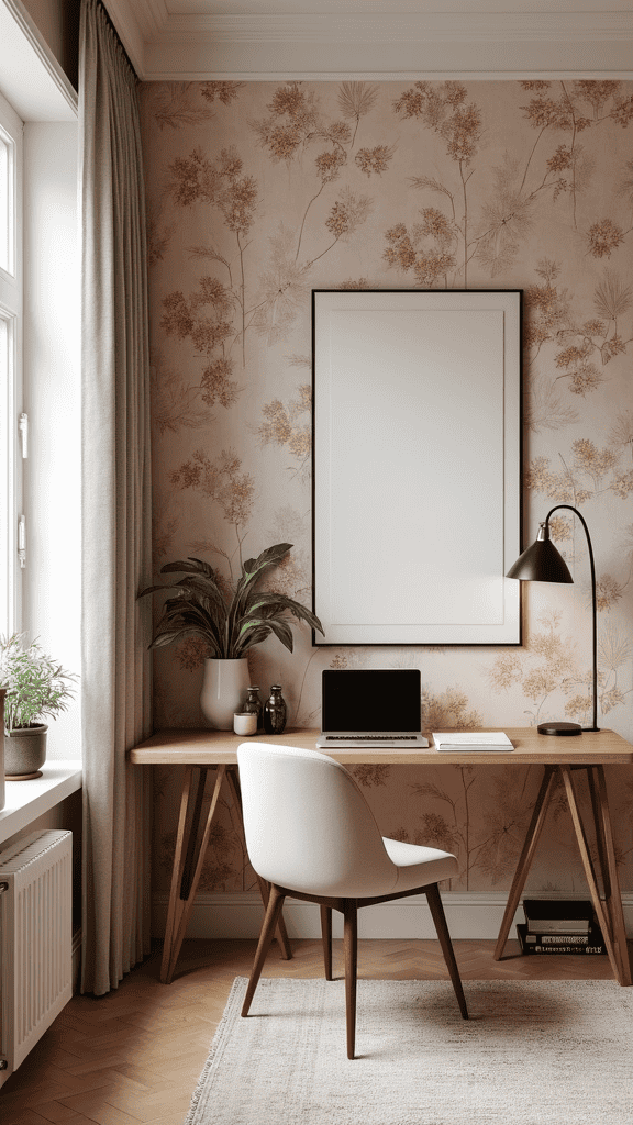 A cozy workspace with pink floral wallpaper, a wooden desk, a modern chair, and some greenery.