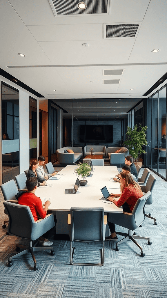 A modern meeting room with team members working together around a large table.