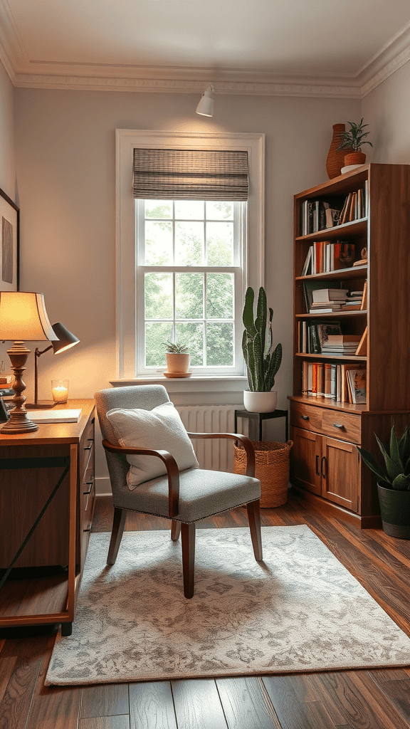 Cozy reading nook with a chair, bookshelves, and plants