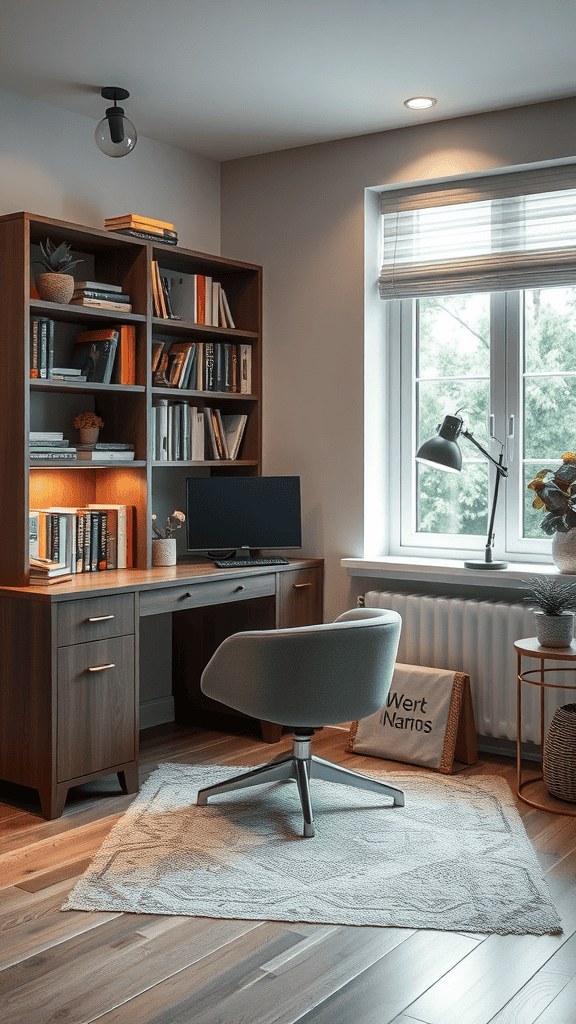 A cozy office setup featuring a desk, chair, and bookshelf with plants.