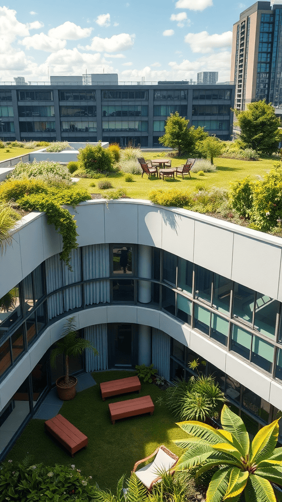 An overview of a green roof with seating areas and diverse plants.