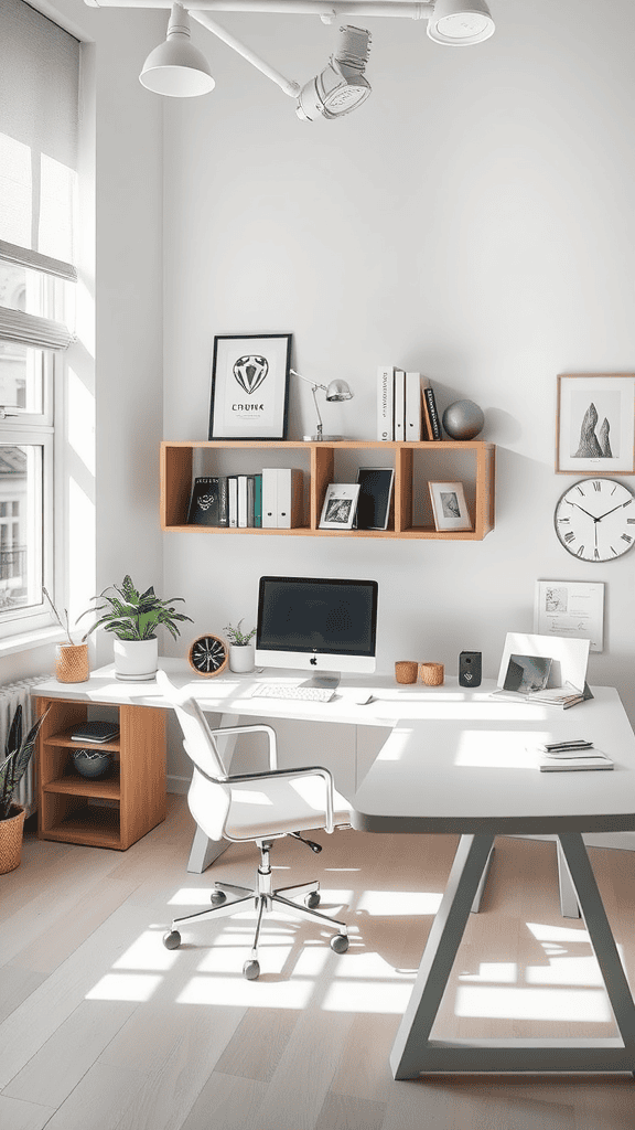 A bright and airy minimalist office space featuring a desk, computer, plants, and shelves.