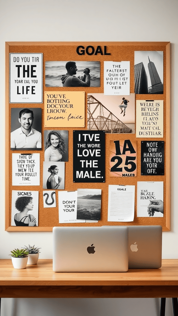 A corkboard with motivational quotes and images, labeled 'GOAL', illustrating various life goals and aspirations.