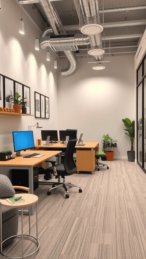 A modern office workspace with two desks, plants, and stylish decor.