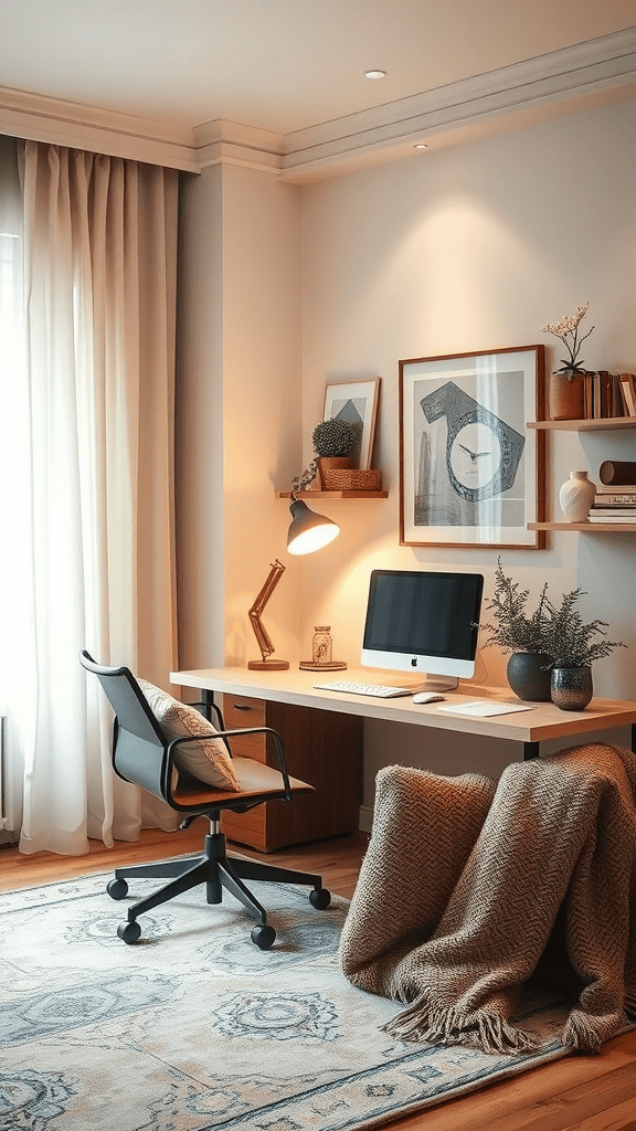 A cozy office space with a computer, plants, and soft lighting