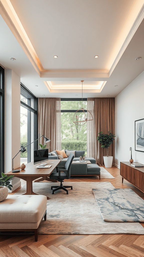 Modern living space with an open layout featuring a desk, seating area, and large windows.