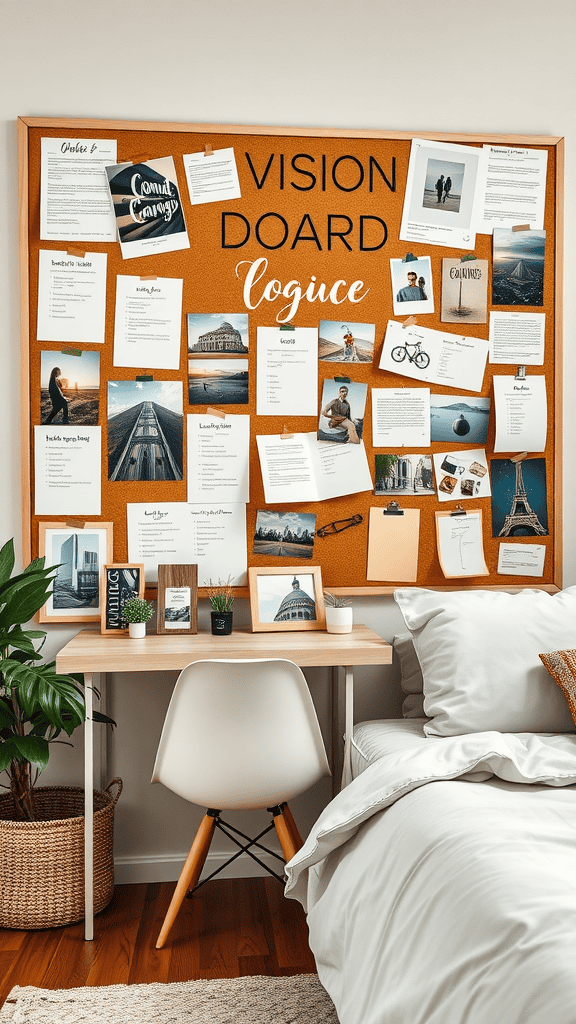 A vision board filled with photos, notes, and a desk in a cozy room.