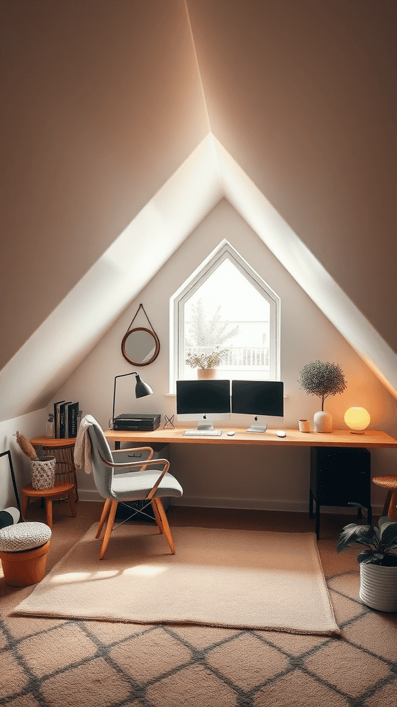 A serene attic workspace with a desk, chair, and natural light.