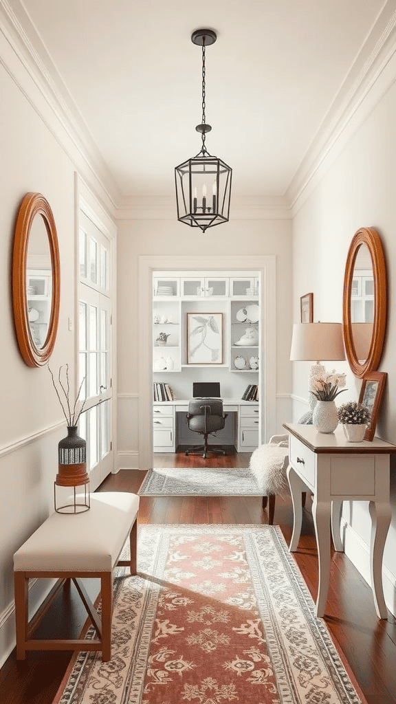 A bright and inviting entryway with a bench, a rug, and decorative elements.