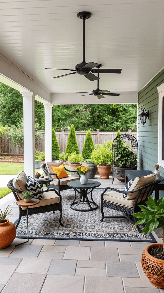 A cozy outdoor workspace with comfortable seating, potted plants, and a small table.