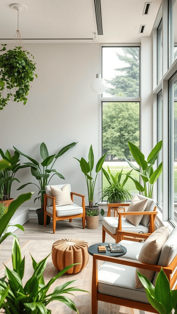 A bright indoor space with comfortable chairs, plants, and natural light.