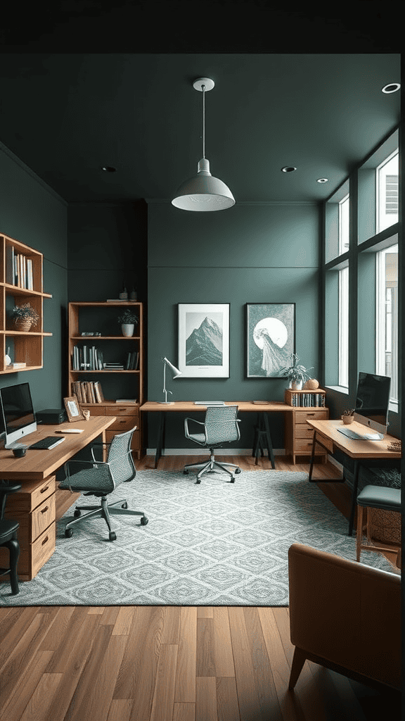 A stylish office with dark green walls, wooden furniture, and large windows