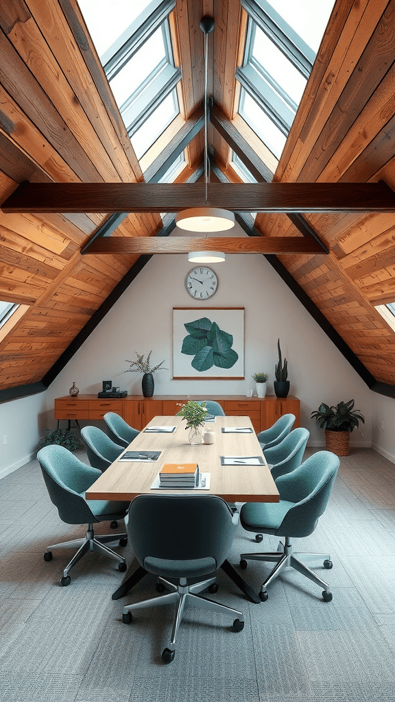 A creatively designed boardroom located in an attic, featuring a long wooden table surrounded by ergonomic chairs and large skylights.