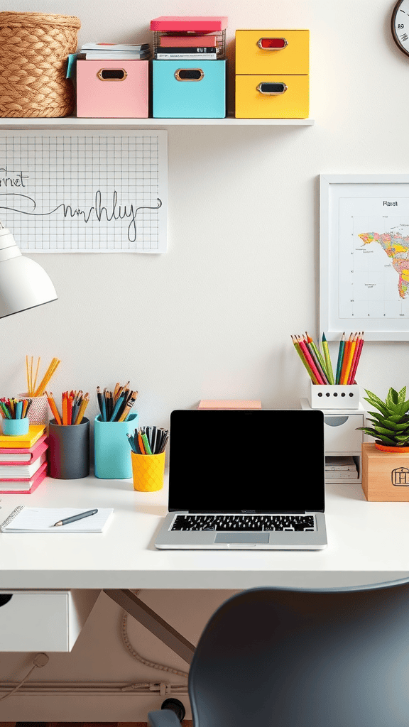 A colorful and organized desk setup with a laptop, stationery, and decorative items.