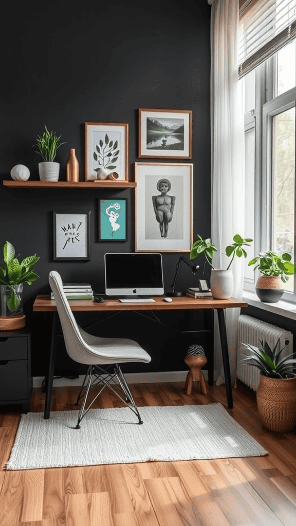 A modern home office setup with a wooden desk, computer, and potted plants.