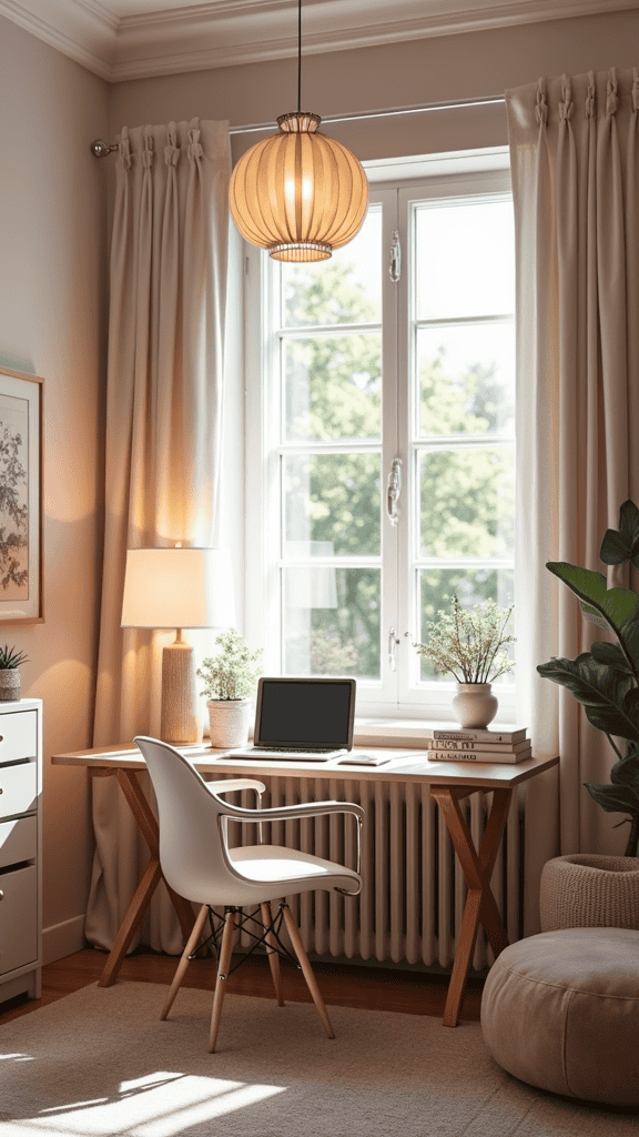 A stylish feminine home office with soft lighting, a wooden desk, and a comfortable chair.