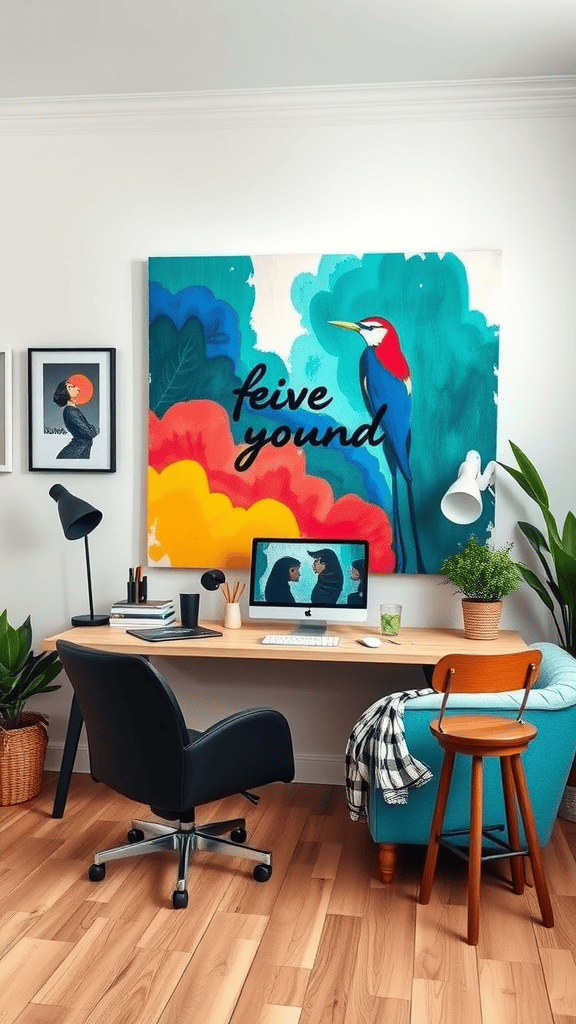 A colorful artistic workspace with a vibrant couch and modern desk setup.