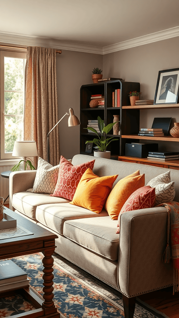 A cozy living room with a beige sofa adorned with colorful throw pillows, a wooden table, and a bright window.