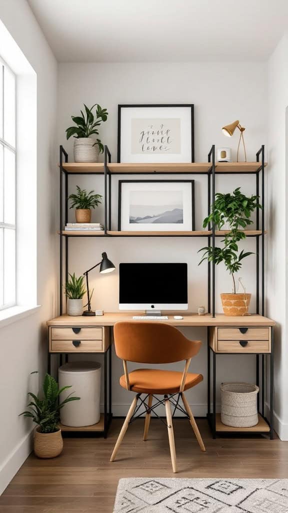 A cozy home office with a wooden desk, chair, and vertical shelves adorned with plants and art.