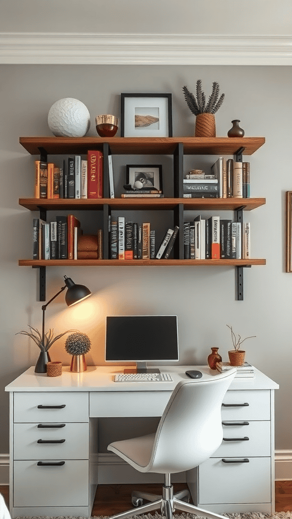 A stylish desk setup with dark wood shelves above, holding books and decor, and a modern desk with a computer and plants.