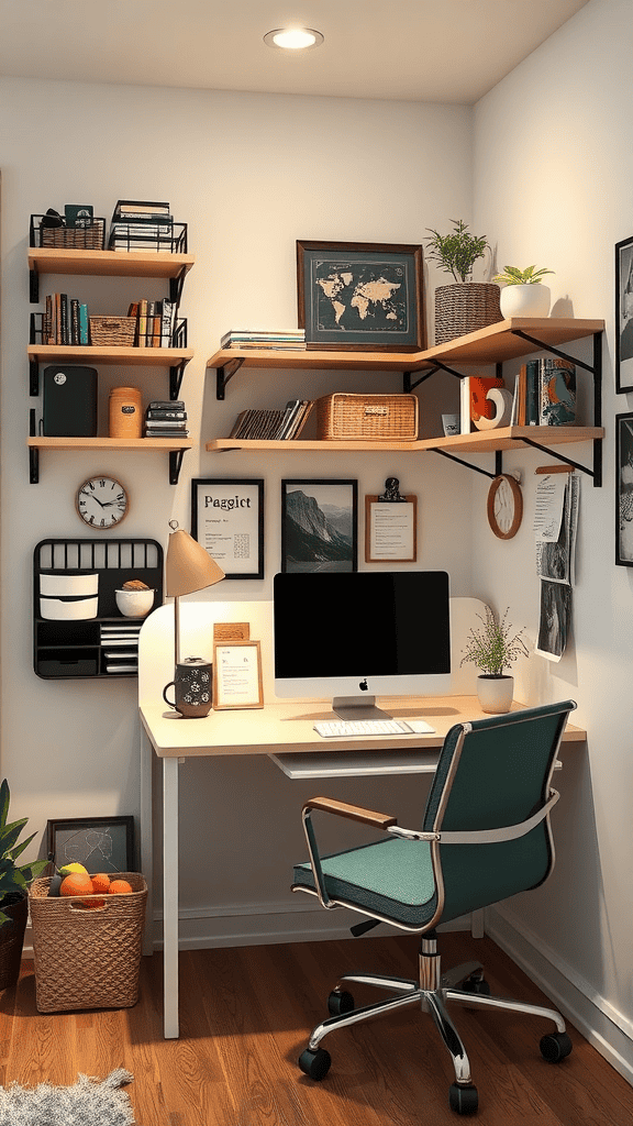 A well-organized workspace with shelves and a desk, showcasing creative use of vertical space.