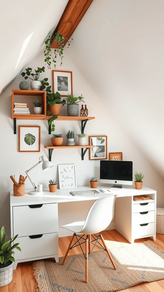 A bright attic workspace with a desk, computer, plants, and wall shelves.