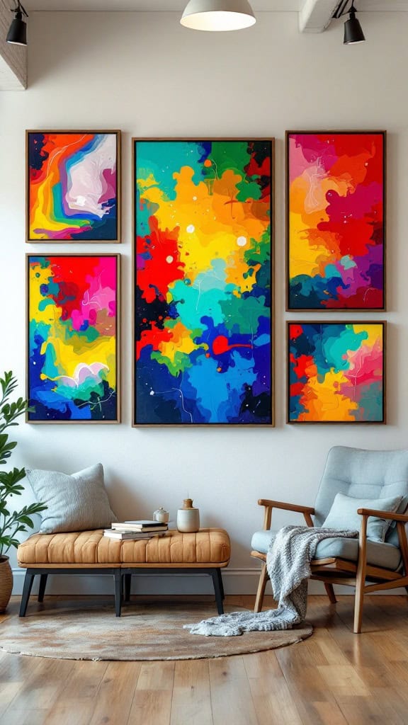 A colorful wall art display featuring abstract paintings in a modern living room setting.