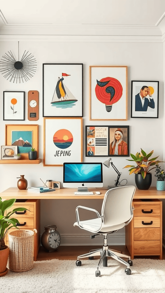 Creative wall art display in a modern office with a desk, computer, and plants