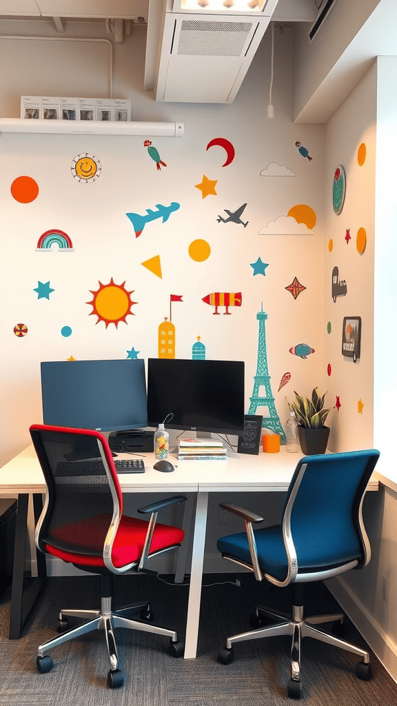 An office space with colorful wall stickers including sun, clouds, and landmarks.