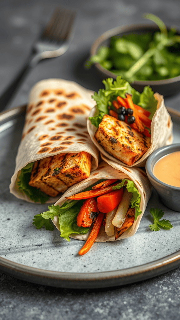 Crispy tofu and grilled veggie wrap served on a plate with a dipping sauce.