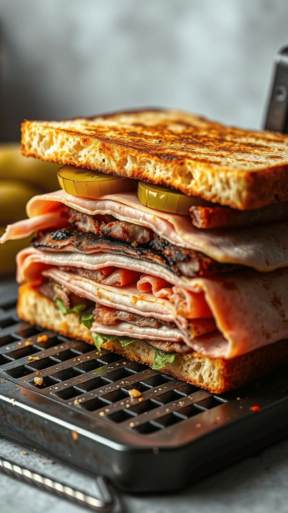 A close-up of a Cuban sandwich with pickles, showcasing layers of ham, pork, cheese, and toasted bread.