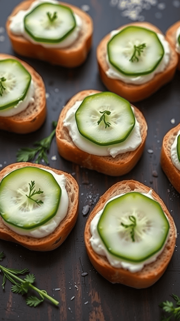 Cucumber and cream cheese sandwiches on a wooden surface