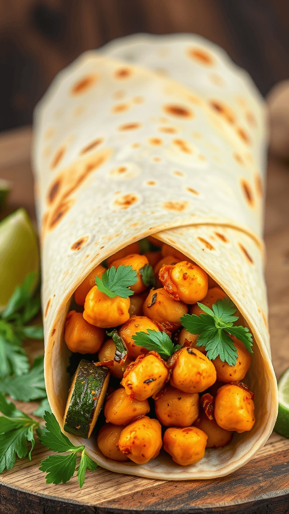 A delicious curried chickpea and grilled veggie wrap, filled with vibrant chickpeas and fresh vegetables, served on a wooden plate.