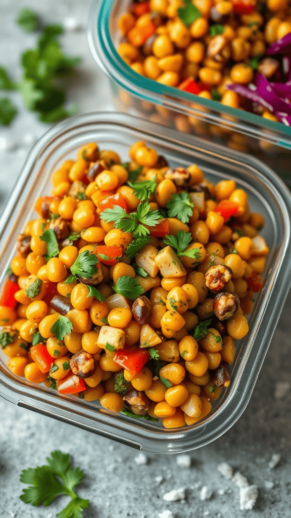 A colorful bowl of curried lentil salad with yellow lentils, red peppers, and cilantro.