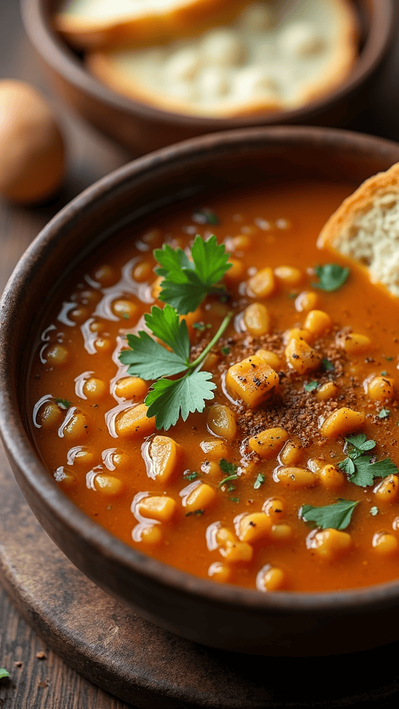 A bowl of curried lentil soup with fresh herbs and a slice of bread