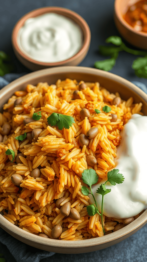 A bowl of curried rice and lentil pilaf garnished with cilantro, served with yogurt on the side.