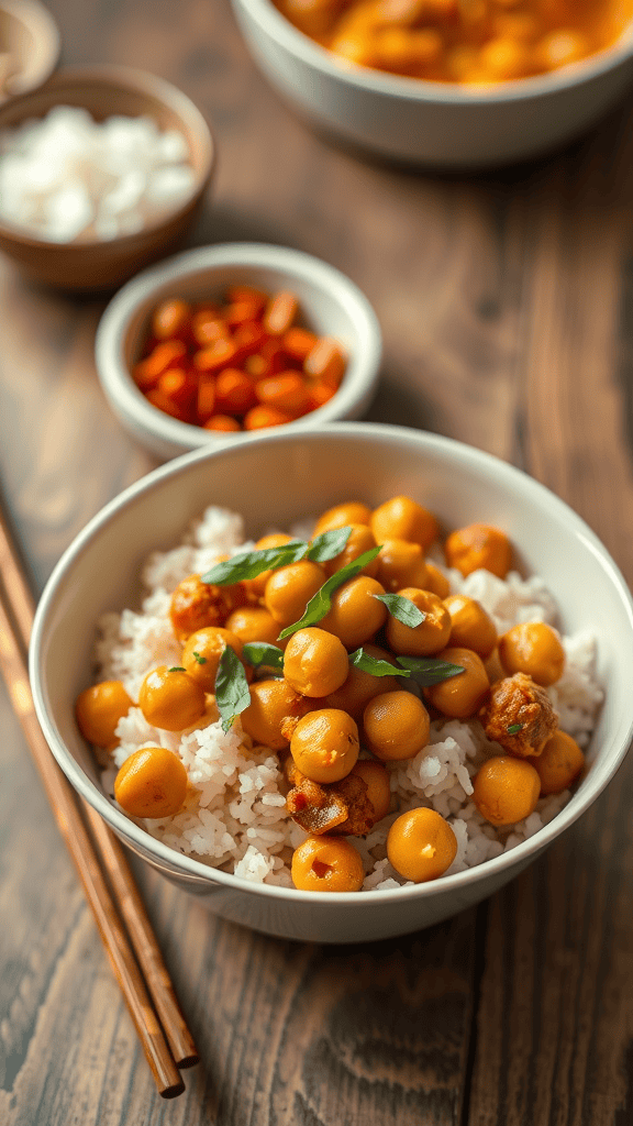 A bowl of curry chickpeas over brown rice, garnished with green herbs, with additional bowls of rice and nuts in the background.