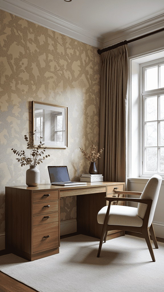 A stylish workspace with custom wallpaper, wooden desk, laptop, and decorative plants.