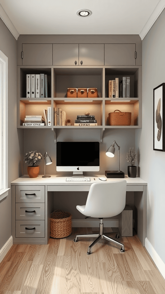 A modern home office setup with organized shelves and a clean desk.