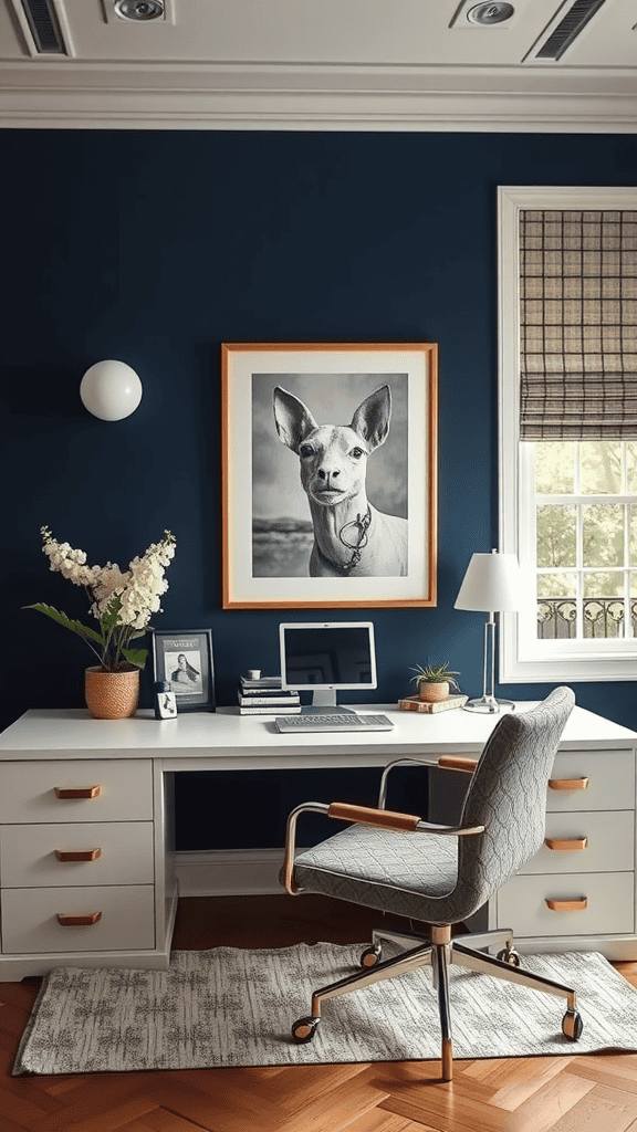 A cozy workspace featuring navy wallpaper, a stylish desk, a computer, and a dog portrait.