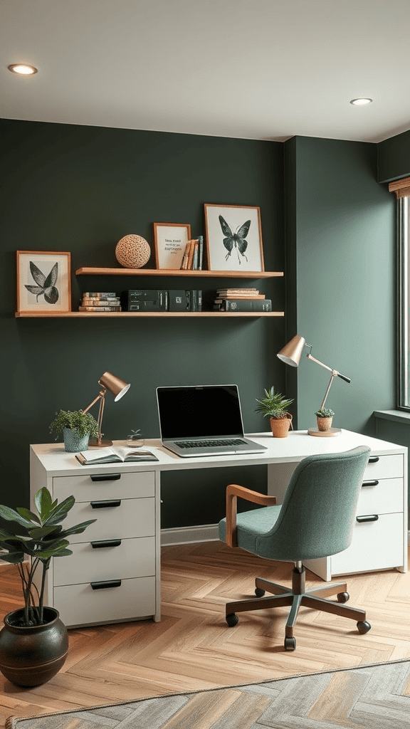 A modern workspace with dark green walls, wooden shelves, and plants.