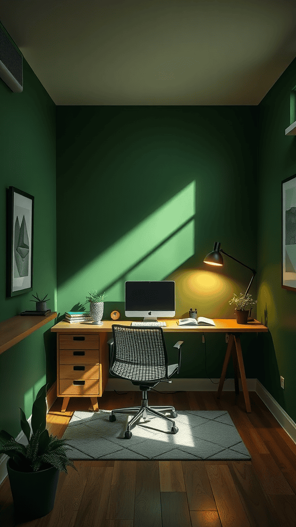 A cozy home office with dark green walls, a desk, and a computer bathed in natural light.